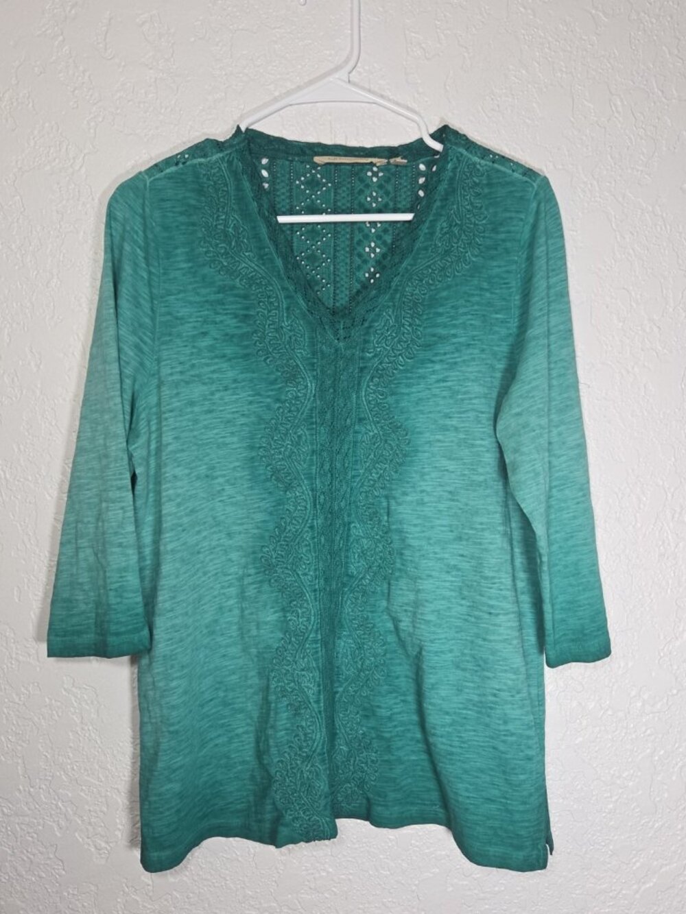 Soft Surroundings Turquoise 100% Cotton Eyelet Tunic Top Med 3/4 Sleeve